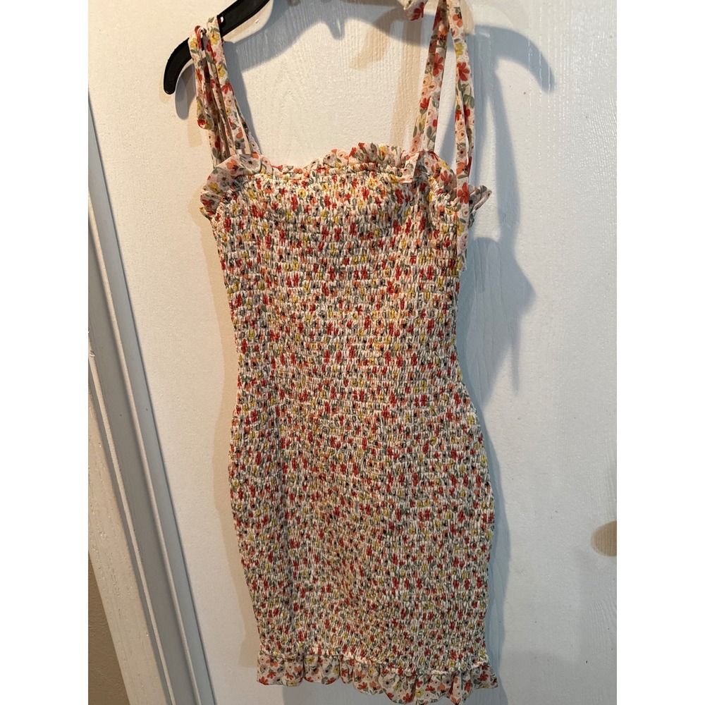 Hudson Gray Floral Smocked Mini Dress Tie Strap Ruffle Trim Bodycon Summer Cream